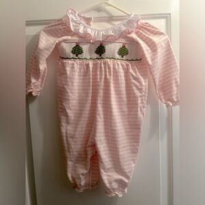 Smockingbird 18 mo long bubble pink and white stripes with Christmas trees